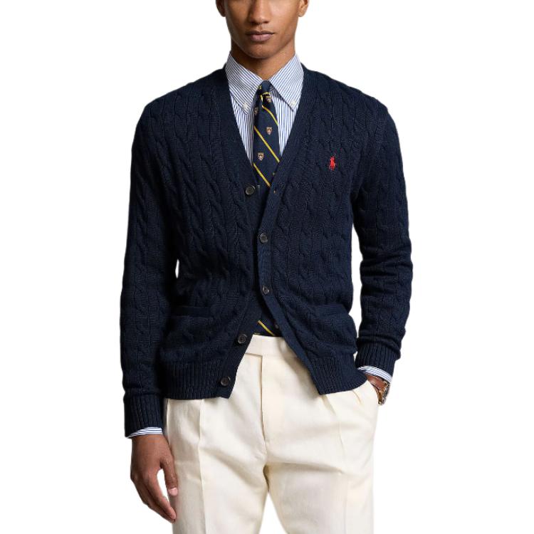 Shop Polo Ralph Lauren 海軍藍V領刺繡標誌針織開衫。 710890548-004