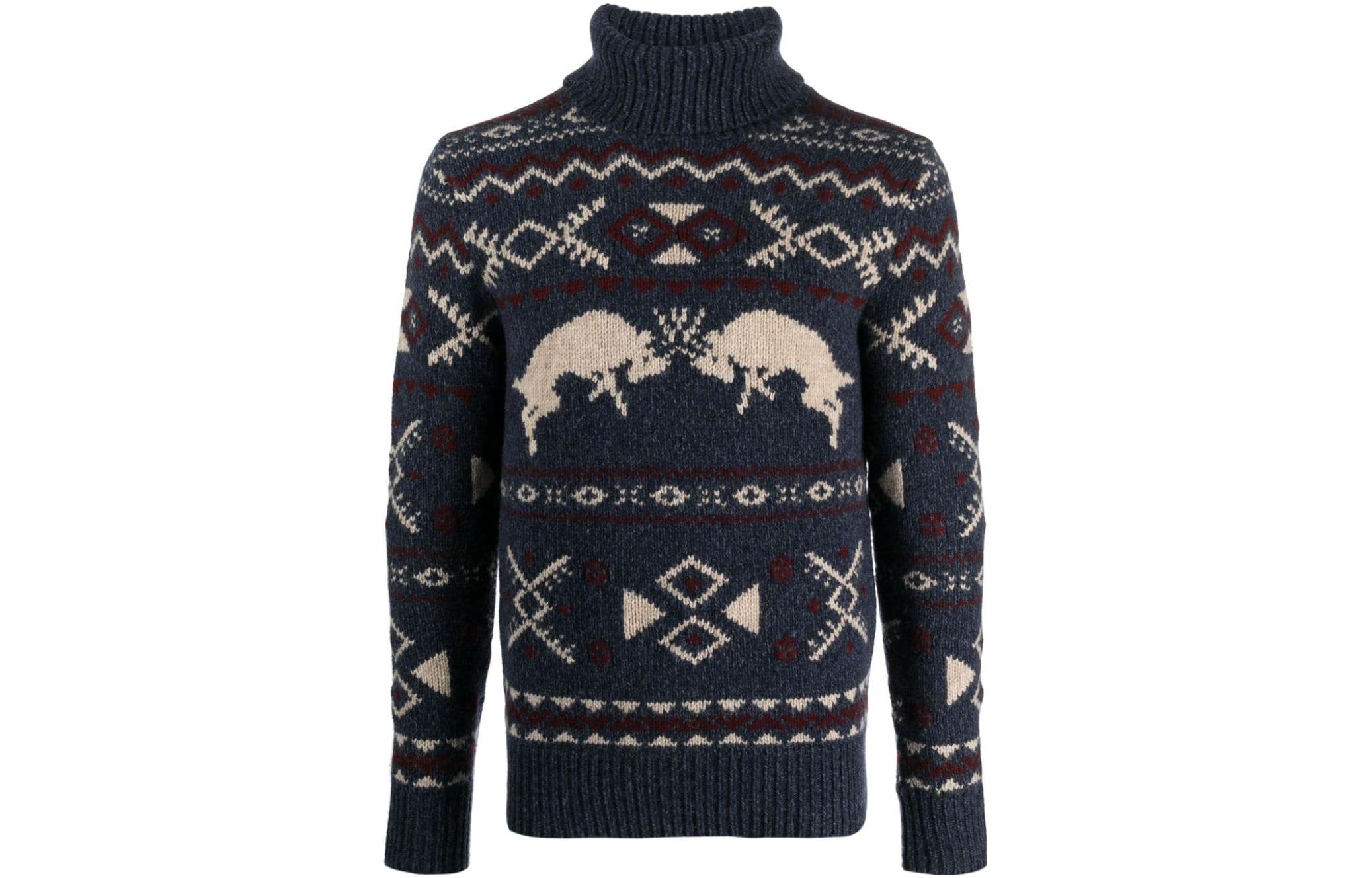 Polo Ralph Lauren  Navy Geometric Animal Pattern Turtleneck Knit Sweater 710919618-001