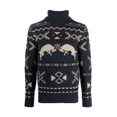 Polo Ralph Lauren Navy Geometric Animal Pattern Turtleneck Knit Sweater 710919618-001