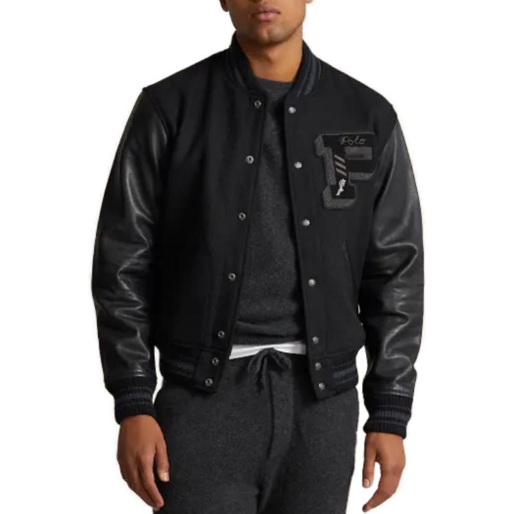 Shop Polo Ralph Lauren Slim Fit Jaket Hitam Lengan Panjang Cetakan Bergaris Surat MNPOOTW16021224