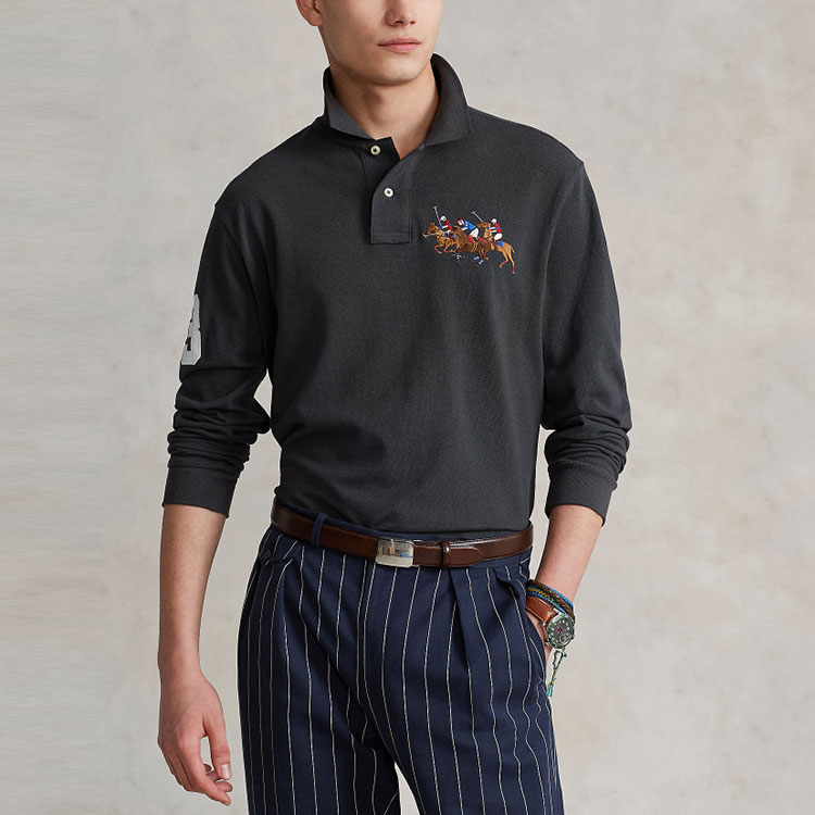 Shop Polo Ralph Lauren  Slim Fit Long Sleeve Polo Shirt Dark Grey Three Ponies. MNPOKNI16821451-020