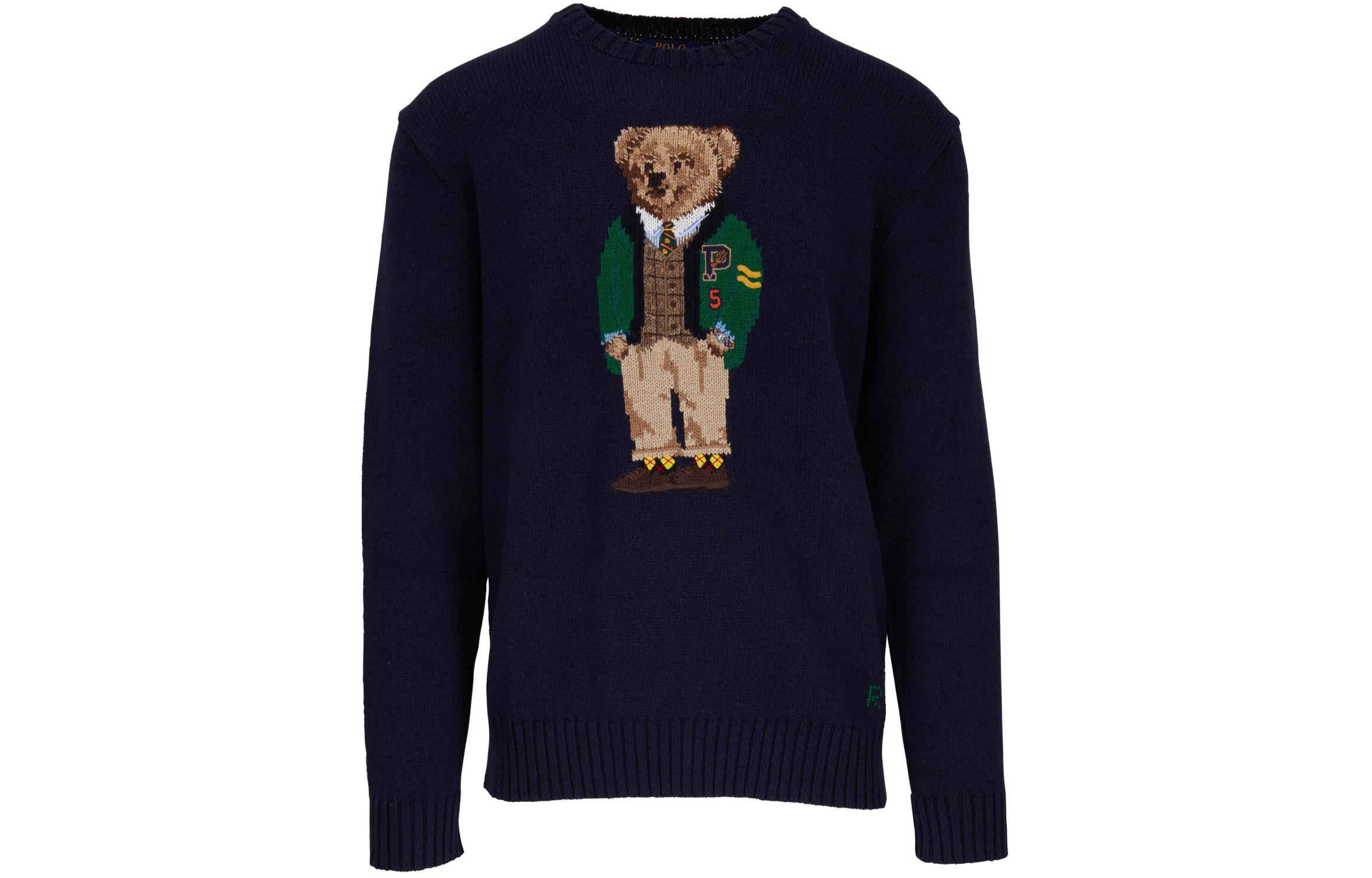 Polo Ralph Lauren Bear Graphic Navy Blue Knit Sweater  Long Sleeve Crewneck 710759496-001