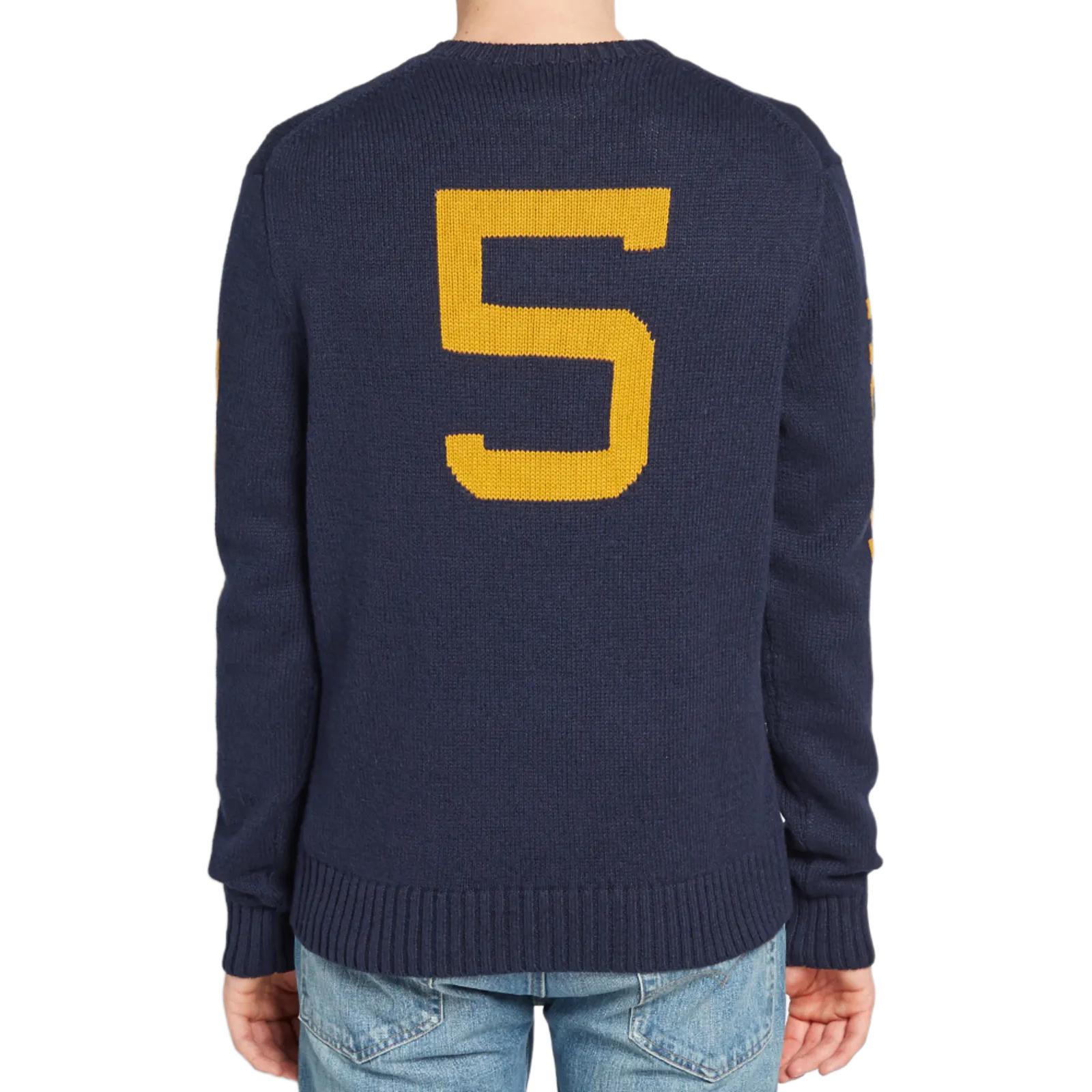 Shop Polo Ralph Lauren 熊徽標長袖針織衫 深藍色 圓領橄欖球毛衣 710749271-001