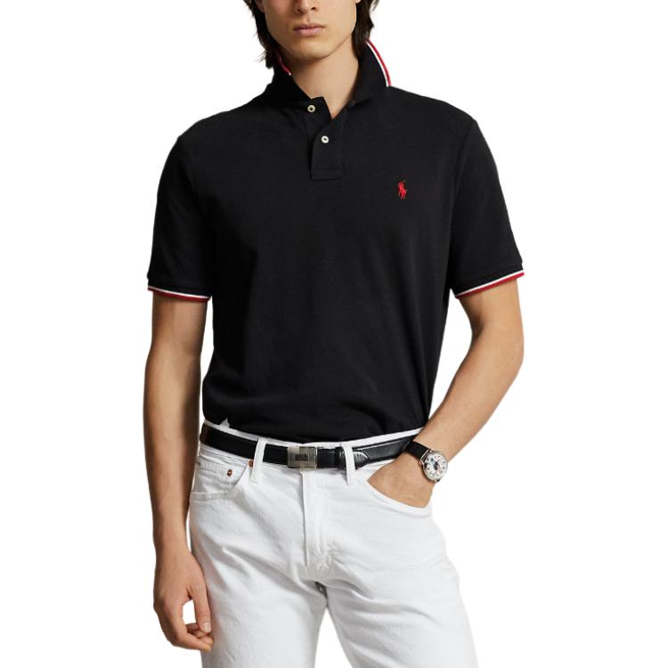 Shop Polo Ralph Lauren 經典條紋Logo印花黑色短袖POLO衫 710844275-001
