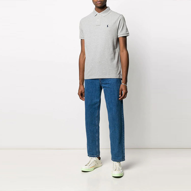 Shop Polo Ralph Lauren男士灰色定制修身刺绣标志短袖POLO衫 710795080-005