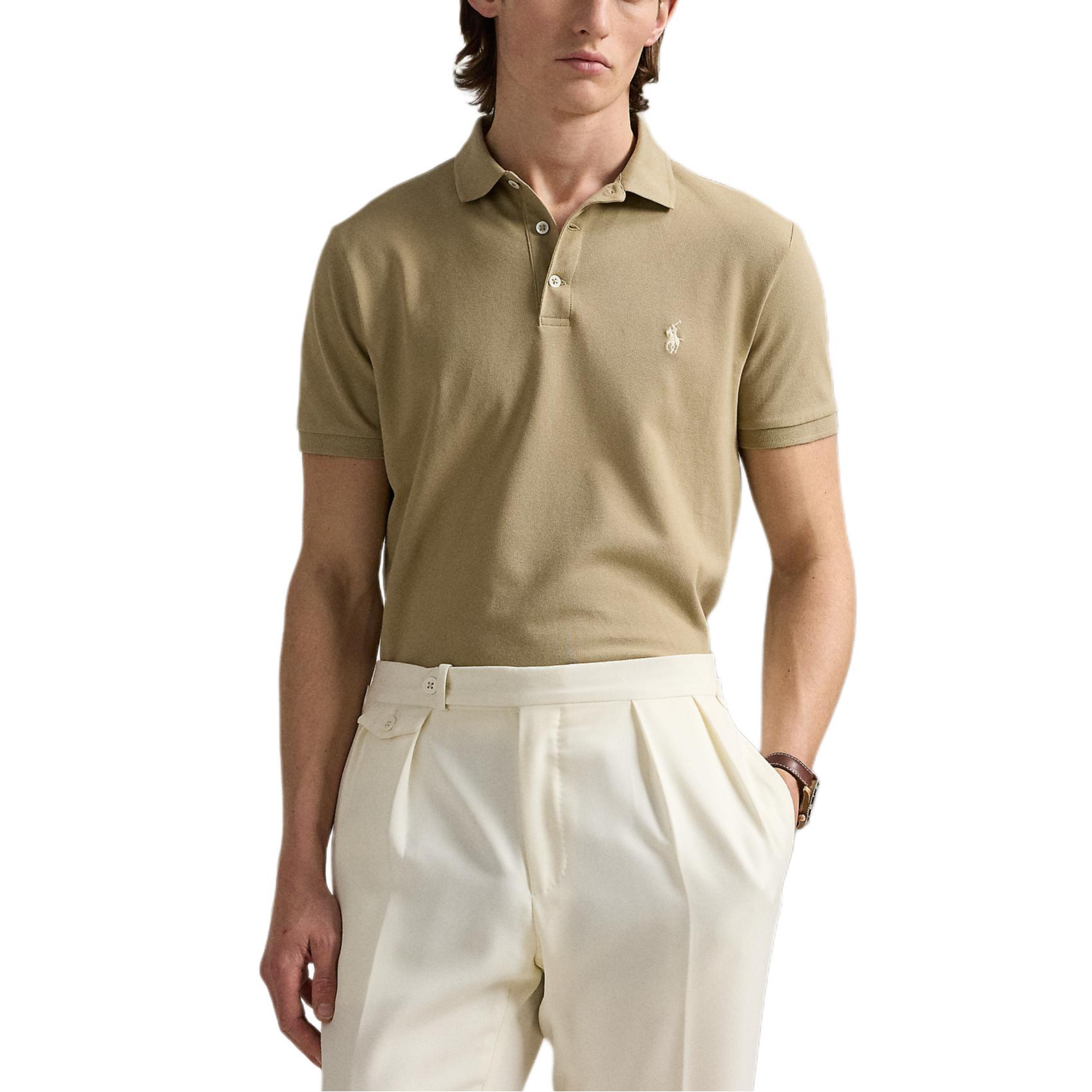 Polo Ralph Lauren Custom Slim Fit Solid Ribbed Button Short Sleeve Polo Khaki . MNPOKNI1N823374 圖 3