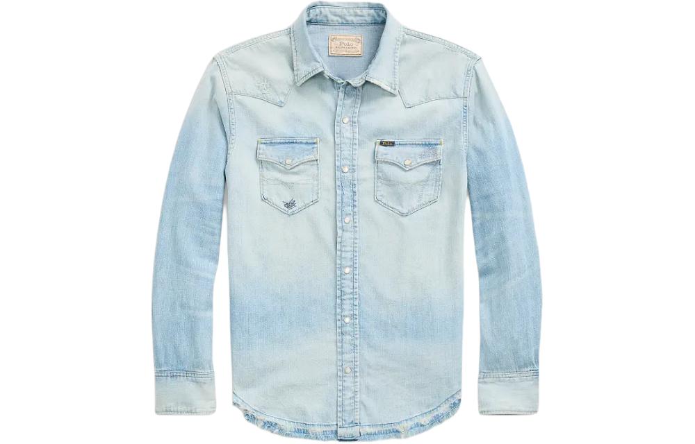 Polo Ralph Lauren Distressed Denim Western Shirt Light Blue Long Sleeve  Shirt MNPOWOV16823-454