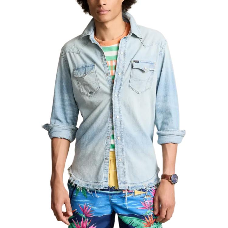 Shop Polo Ralph Lauren Distressed Denim Western Shirt Light Blue Long Sleeve  Shirt MNPOWOV16823-454