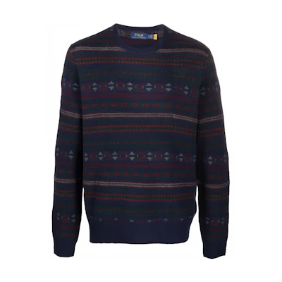 Polo Ralph Lauren FW21 Navy Patterned Jacquard Wool Pullover Sweater. 710850019-001