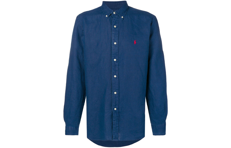 Polo Ralph Lauren FW21 Logo Embroidered Button-Up Long Sleeve Shirt Blue Men. 710744906-BLU