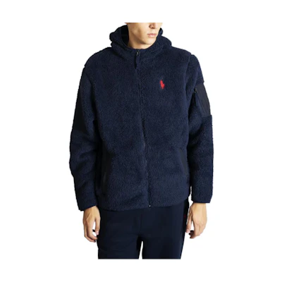 Polo Ralph Lauren FW21 Logo Embroidered Fleece Zip Hoodie Jacket Men Blue 710852514-003