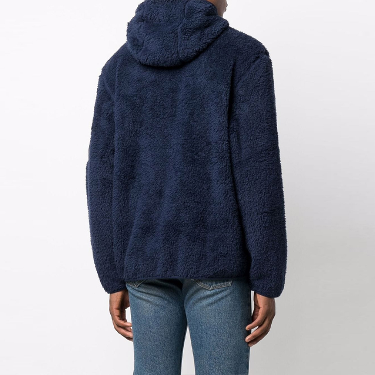 Shop Polo Ralph Lauren FW21 男士蓝色徽标刺绣抓绒拉链连帽外套 710852514-003