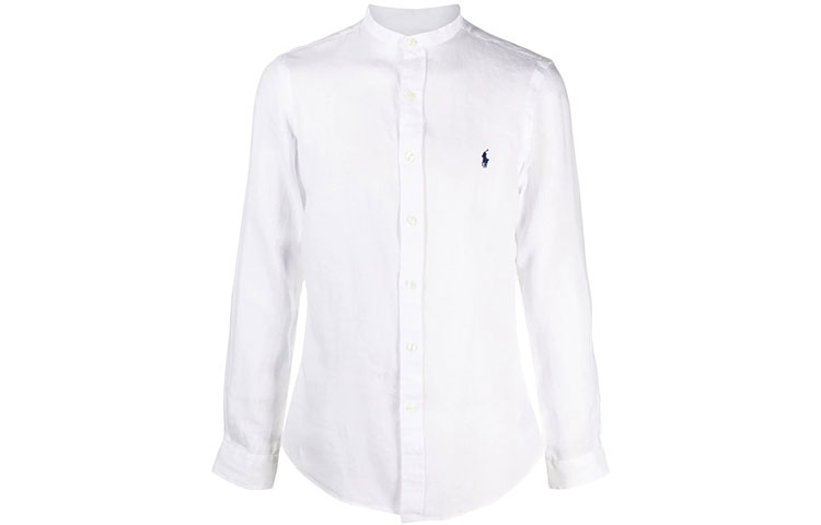 Order Polo Ralph Lauren FW21 男士白色亞麻無領襯衫，刺繡標誌設計。 710801500-001