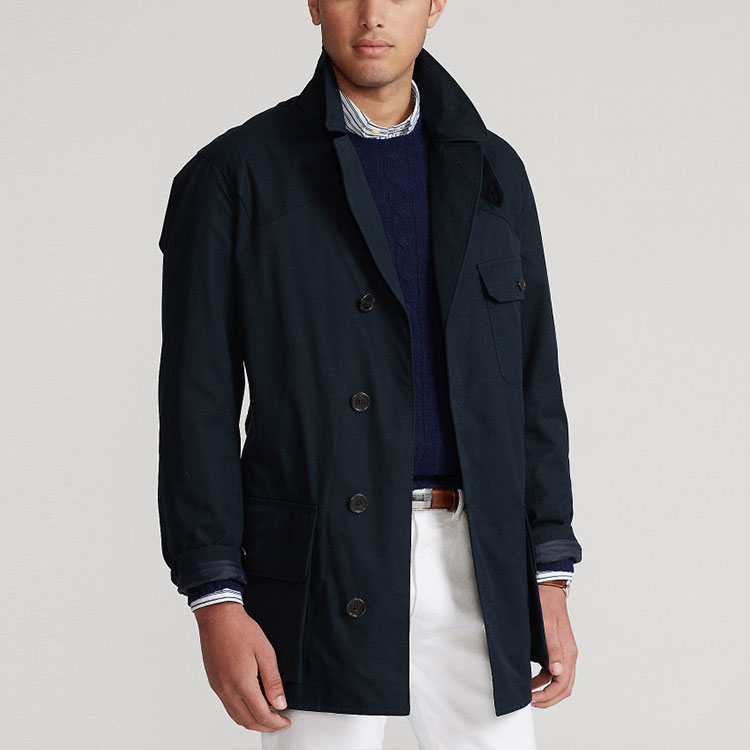 Shop Polo Ralph Lauren FW21 海軍藍logo綁帶扣扣外套 MNPOOTW16020-628