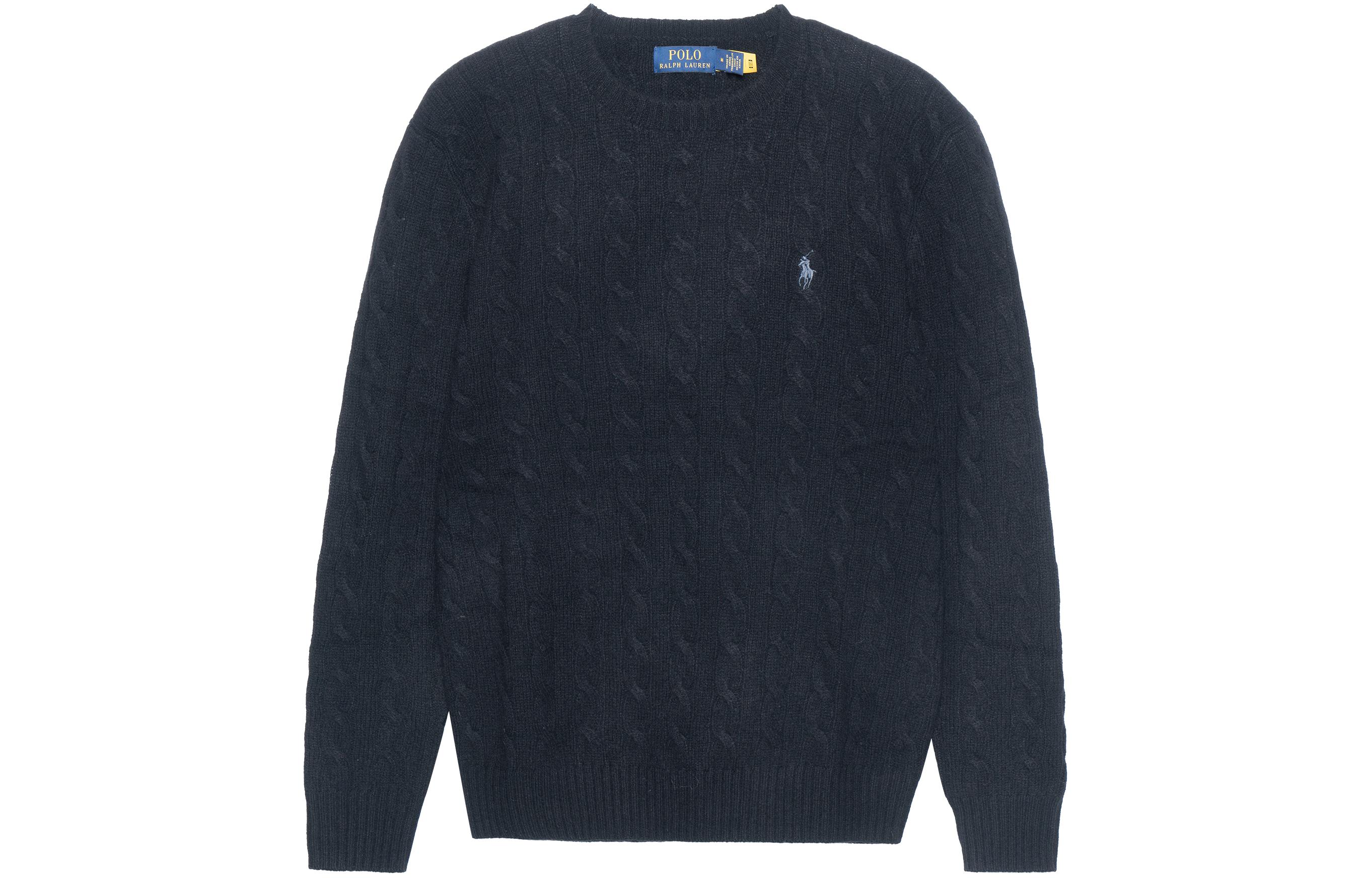 Polo Ralph Lauren FW22  Black Chunky Knit Wool Sweater with Embroidered Logo. 710876762-001