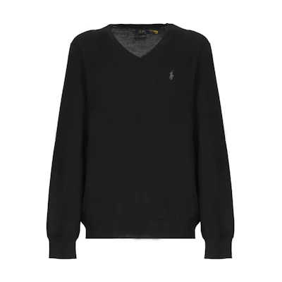 Polo Ralph Lauren FW22 Black V-Neck Wool Sweater with Pony Embroidery. 710876848-001
