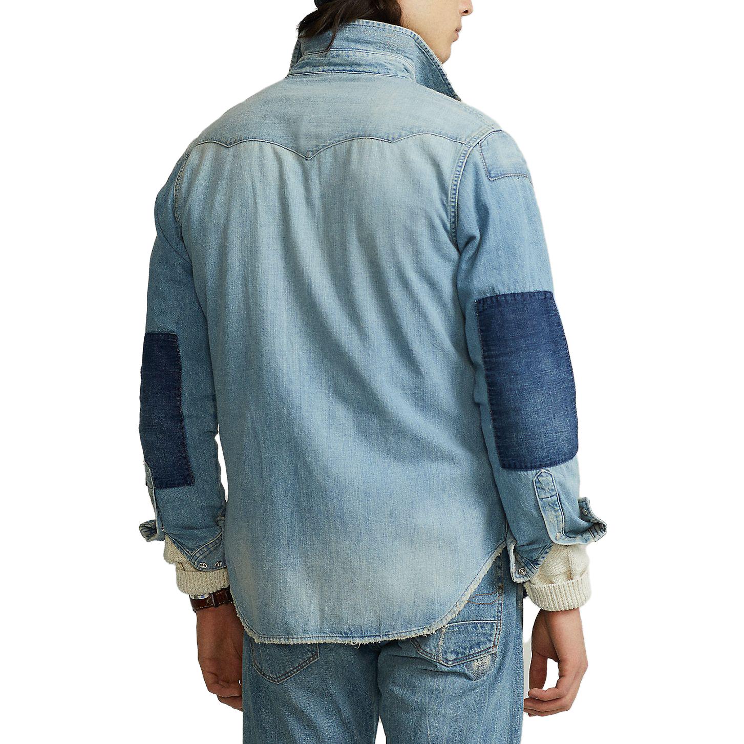 Shop Polo Ralph Lauren 蓝色牛仔长袖衬衫带补丁口袋 FW22款式 710864086-001