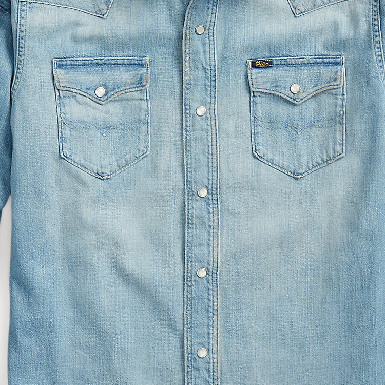 Sizing Polo Ralph Lauren 蓝色牛仔长袖衬衫带补丁口袋 FW22款式 710864086-001