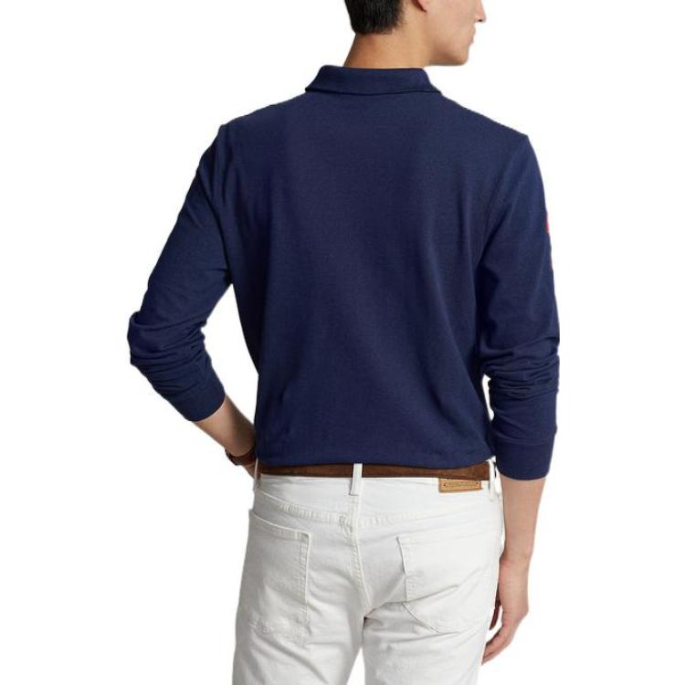 Shop Polo Ralph Lauren FW22经典三马标刺绣海军蓝长袖POLO衫. MNPOKNI16820912-410