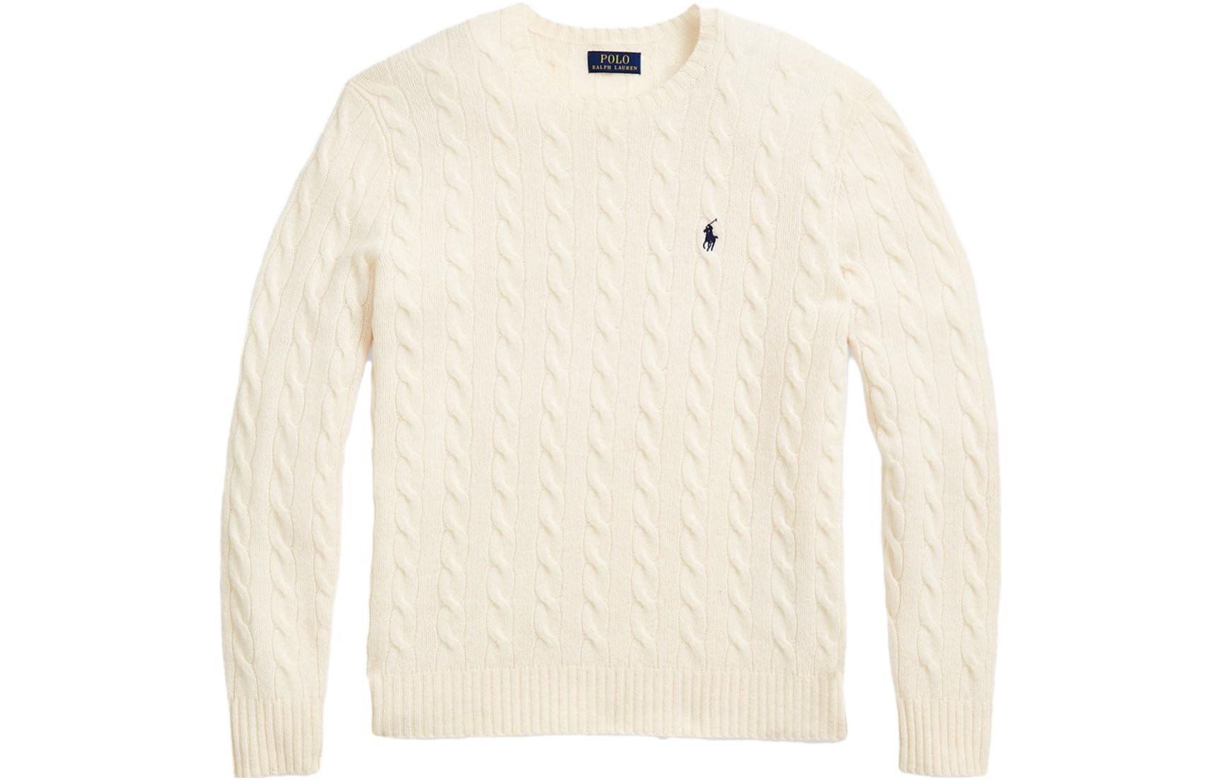 Polo Ralph Lauren FW22  Cream Cashmere Cable Knit Sweater with Logo Embroidery. 710876762-010