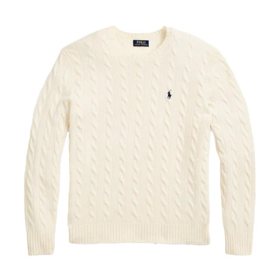 Polo Ralph Lauren FW22 Cream Cashmere Cable Knit Sweater with Logo Embroidery. 710876762-010
