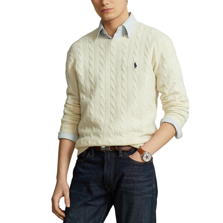 Shop 폴로 랄프로렌 FW22 크림 캐시미어 로고 자수 케이블 니트 스웨터. 710876762-010