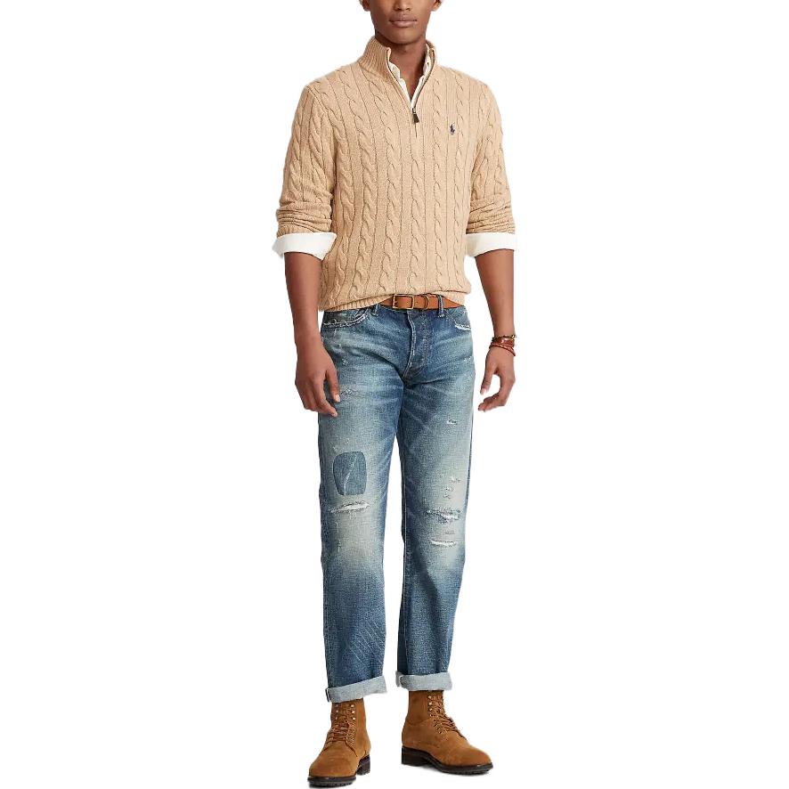 Shop Polo Ralph Lauren FW22 半拉鍊羊絨麻花毛衣 卡其色毛衣. MNPOSWE16820593-200