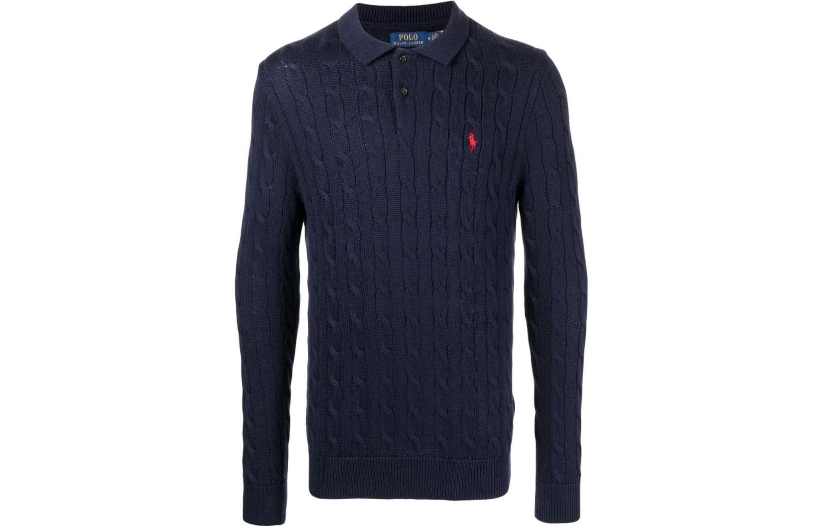 Order Polo Ralph Lauren FW22 Cable Knit Polo Collar Sweater Navy Blue 710860351-002