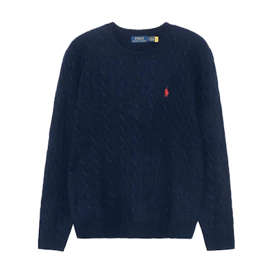 Polo Ralph Lauren FW22 Navy Cable-Knit Cashmere Sweater with Embroidered Logo. 710876762-002