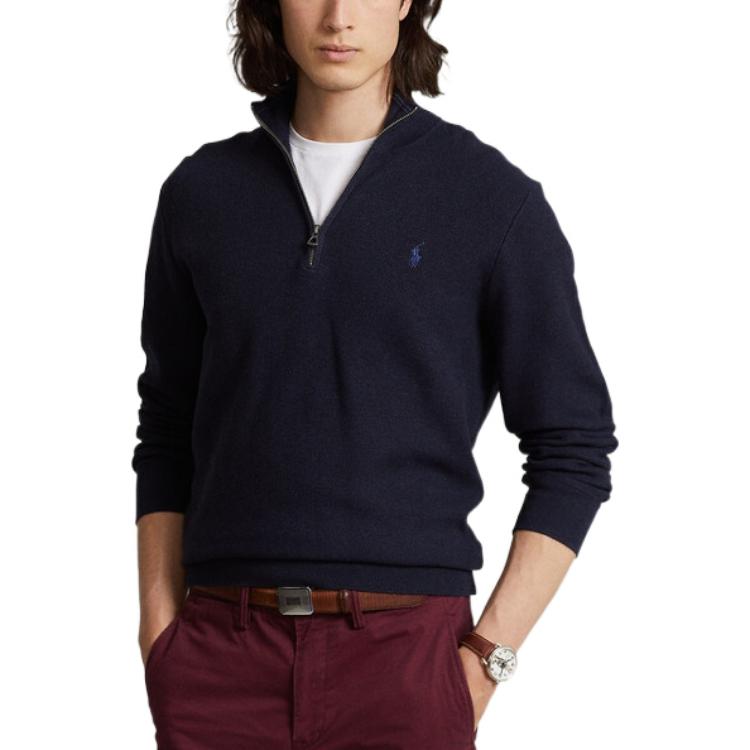 Shop Polo Ralph Lauren FW22 Sweater Half-Zip Navy dengan Logo Pria. MNPOSWE16821109-410