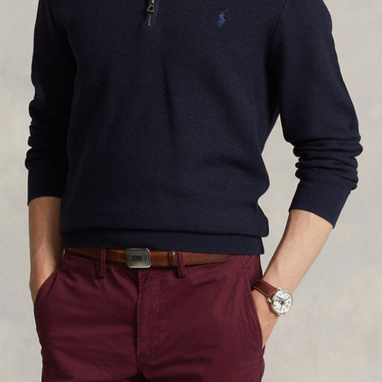 Cheap Polo Ralph Lauren FW22 Sweater Half-Zip Navy dengan Logo Pria. MNPOSWE16821109-410