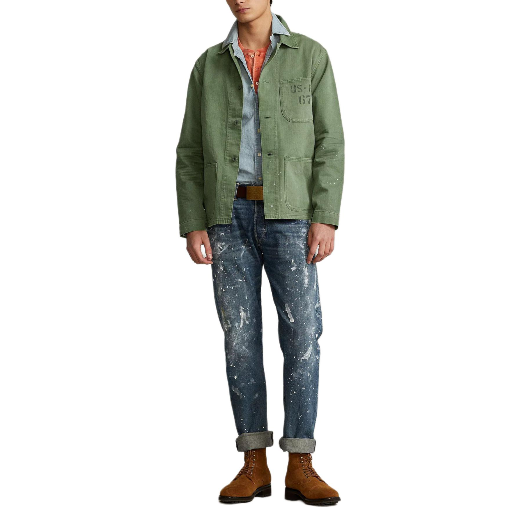 Lookbook Polo Ralph Lauren FW23 Jaket Herringbone Lengan Panjang Warna Hijau Olive. MNPOOTW16020752-300