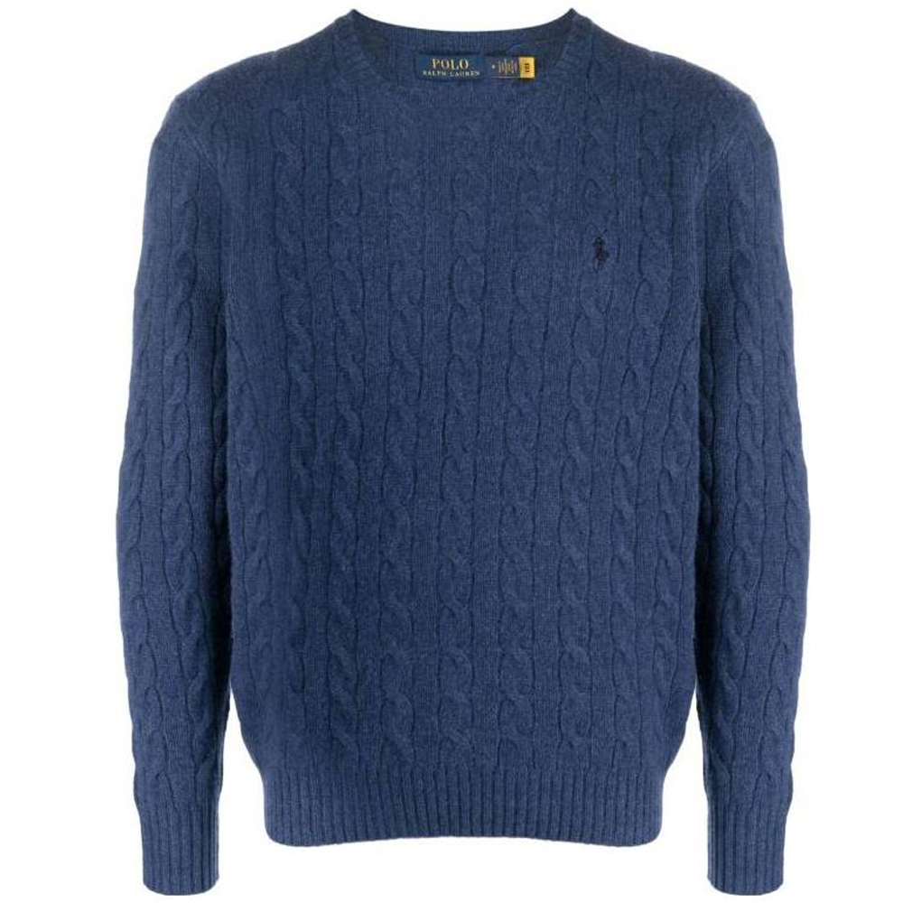 Polo Ralph Lauren FW23  Navy Cable Knit Wool Sweater with Embroidered Logo. 710876762-017