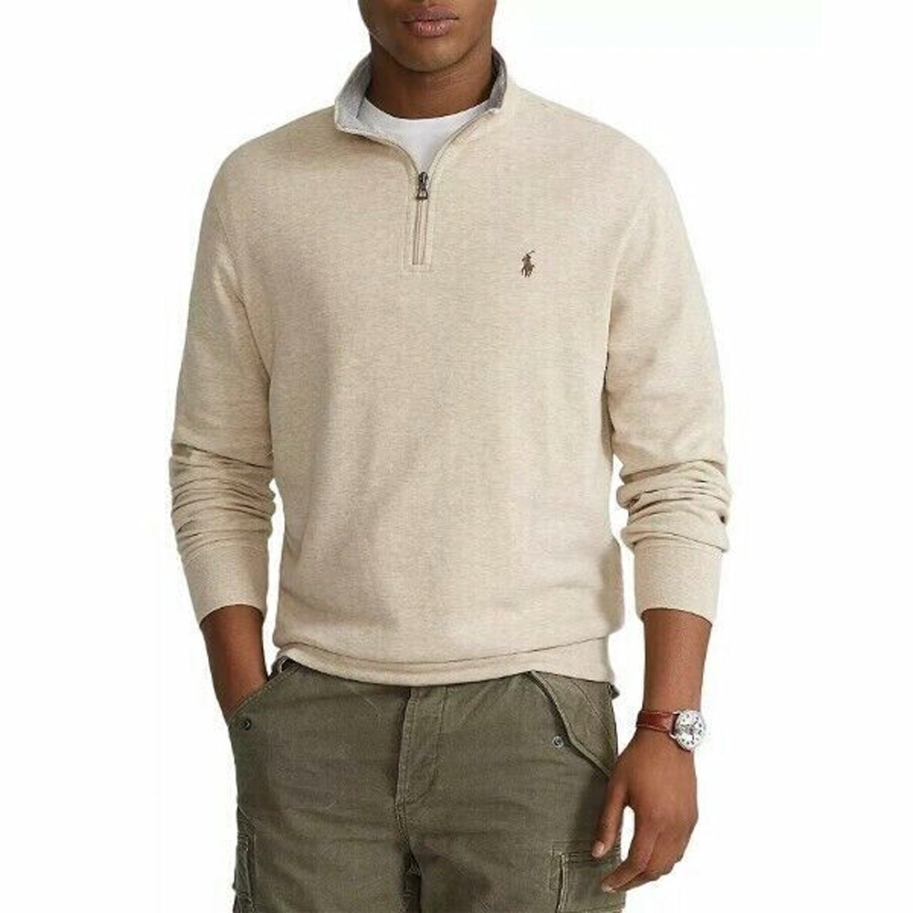 Lookbook Polo Ralph Lauren FW23 Half-Zip Sweatshirt Pria Logo Bordir Klasik Oatmeal. 710635035-039