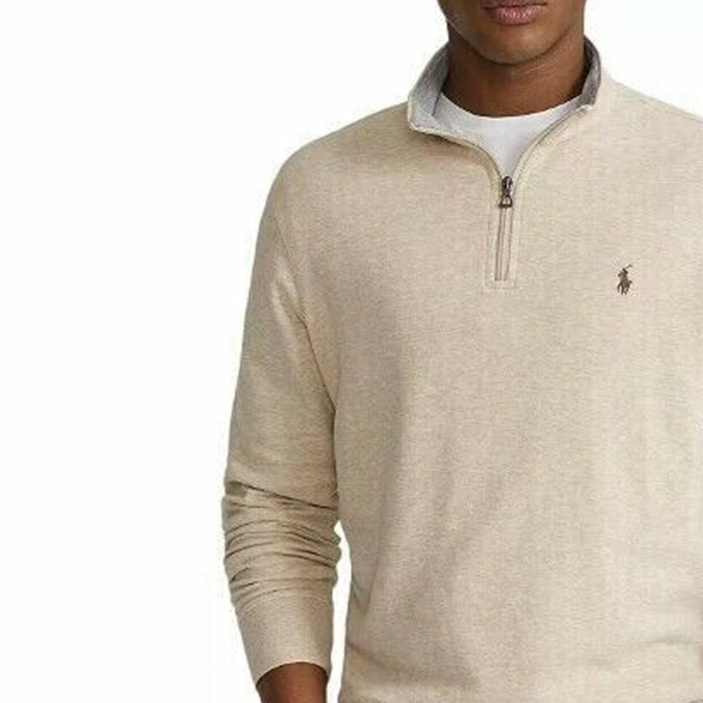 Shop Polo Ralph Lauren FW23 Half-Zip Sweatshirt Pria Logo Bordir Klasik Oatmeal. 710635035-039