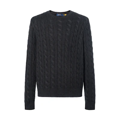 Polo Ralph Lauren FW23 Grey Cable-Knit Crewneck Sweater with Logo Embroidery. 710918998-019