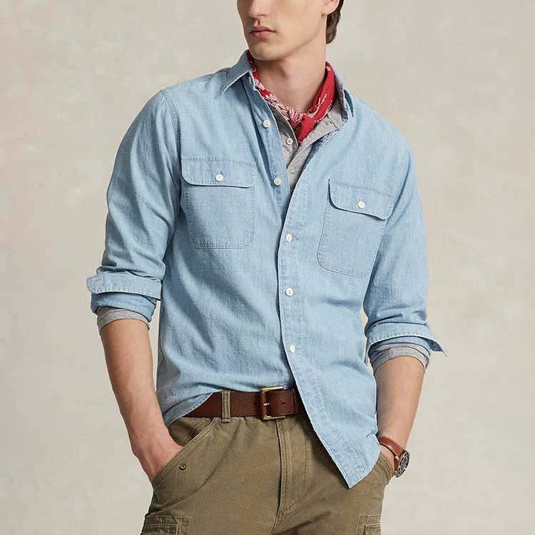 Lookbook Polo Ralph Lauren FW23 男款藍色長袖襯衫帶品牌印花和按鈕設計。 MNPOWOV16823095-999