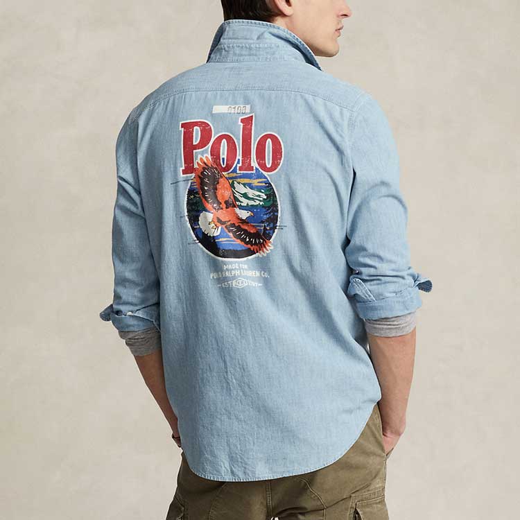 Shop Polo Ralph Lauren FW23 男款藍色長袖襯衫帶品牌印花和按鈕設計。 MNPOWOV16823095-999