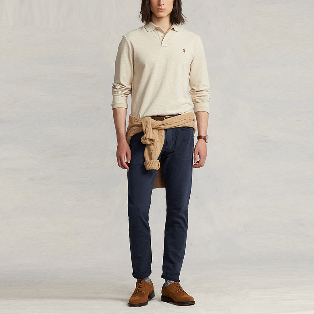 Lookbook Polo Ralph Lauren FW23 修身刺繡馬標長袖POLO衫 男女同款 米色 MNPOKNI16822278-020