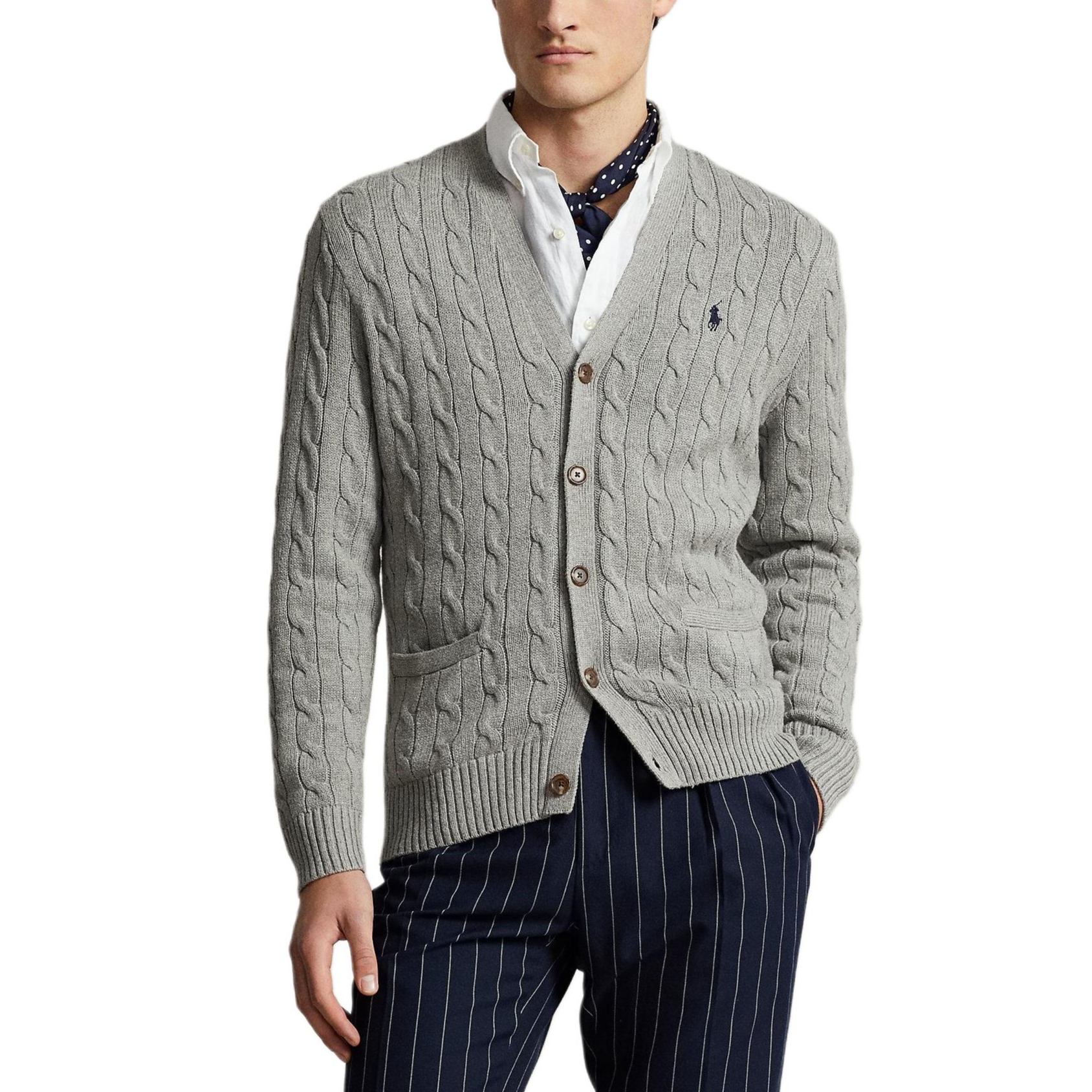 Shop 폴로 랄프로렌 FW24 회색 브이넥 가디건 포니 로고 자수. MNPOSWE16821739-020