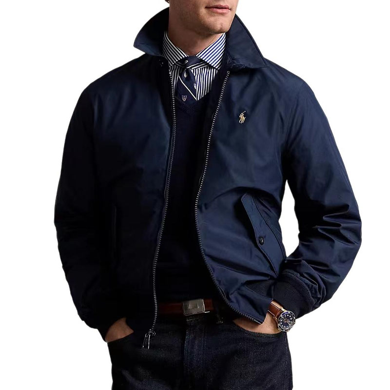 Polo Ralph Lauren FW24  Navy Blue Solid Logo Embroidered Zip Jacket. 710938512-001