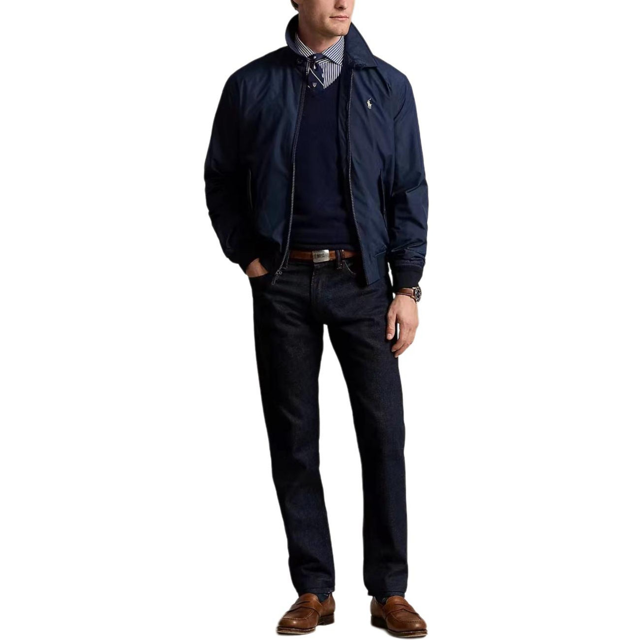 Lookbook Chaqueta con cremallera Polo Ralph Lauren FW24 logo bordado azul marino sólido. 710938512-001