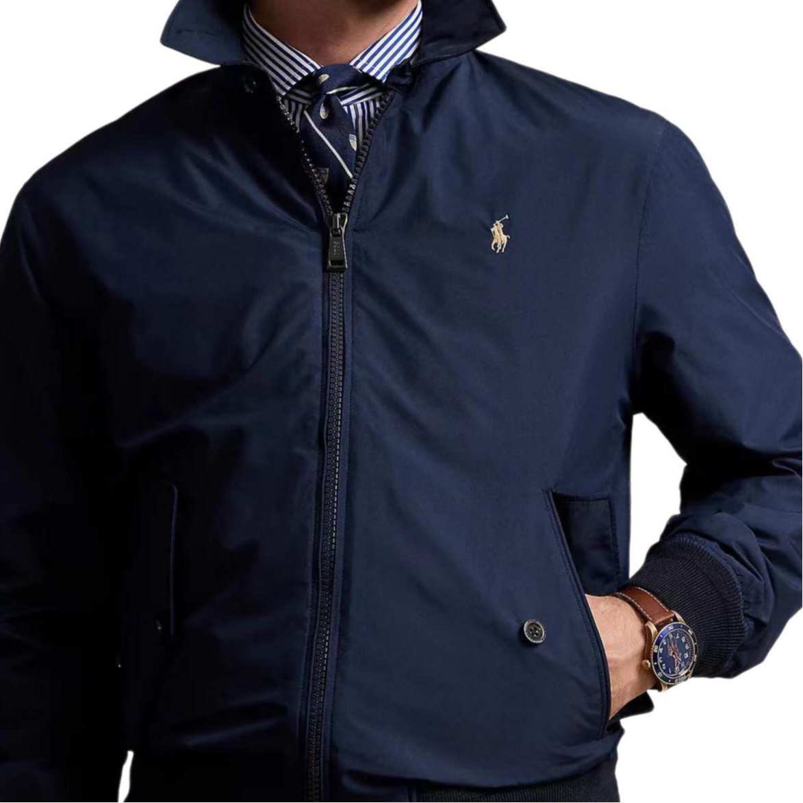 Purchase Chaqueta con cremallera Polo Ralph Lauren FW24 logo bordado azul marino sólido. 710938512-001