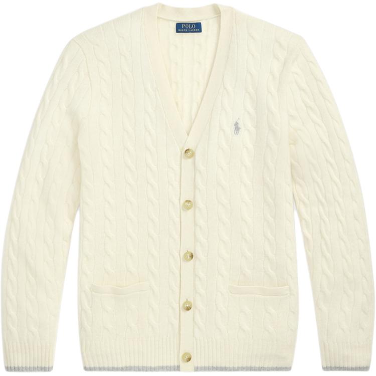 Polo Ralph Lauren FW24  V-Neck Knit Sweater Cream Solid Pony Embroidery MNPOSWE16822052-101