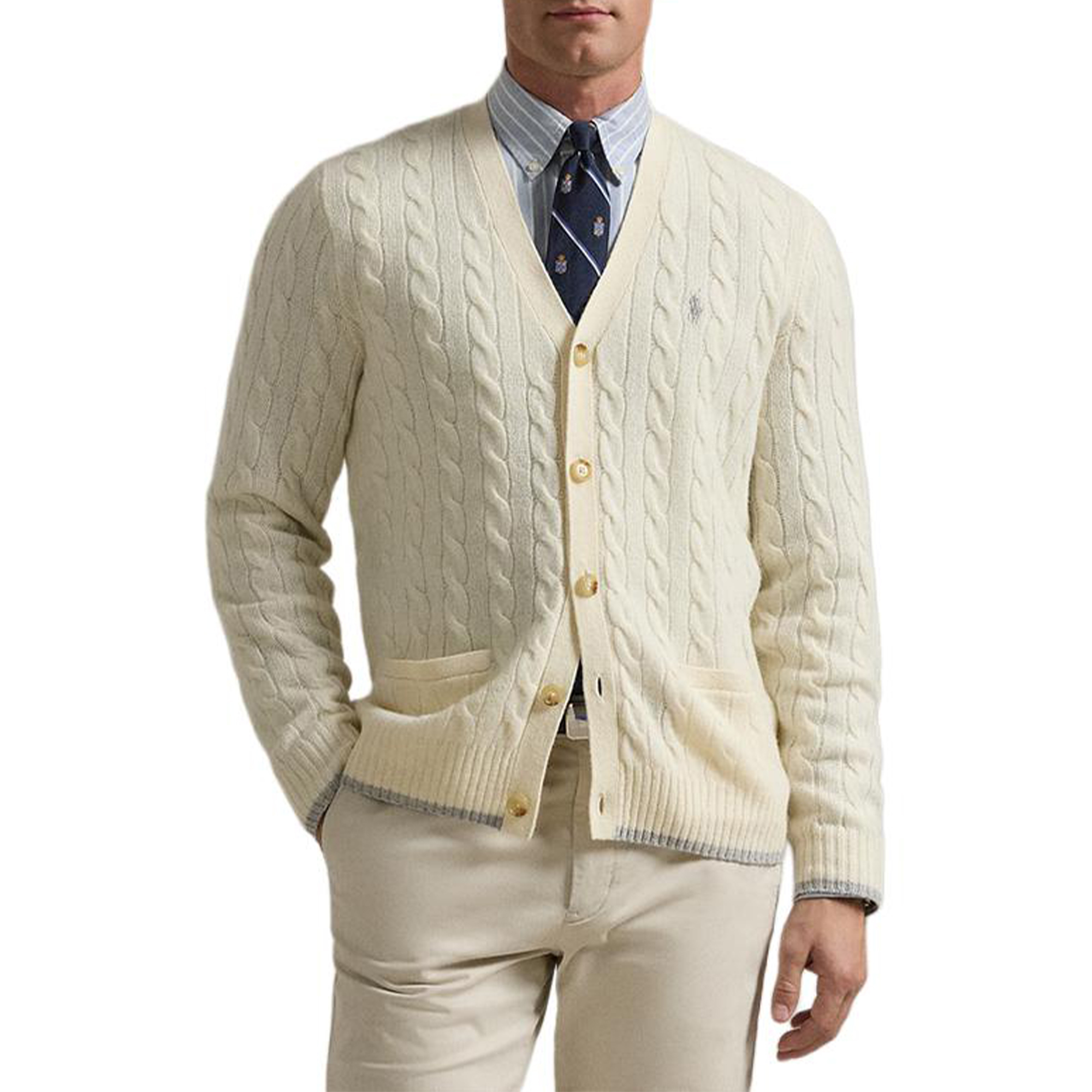 Lookbook Polo Ralph Lauren FW24 V領針織毛衣 奶油色 小馬刺繡設計 MNPOSWE16822052-101