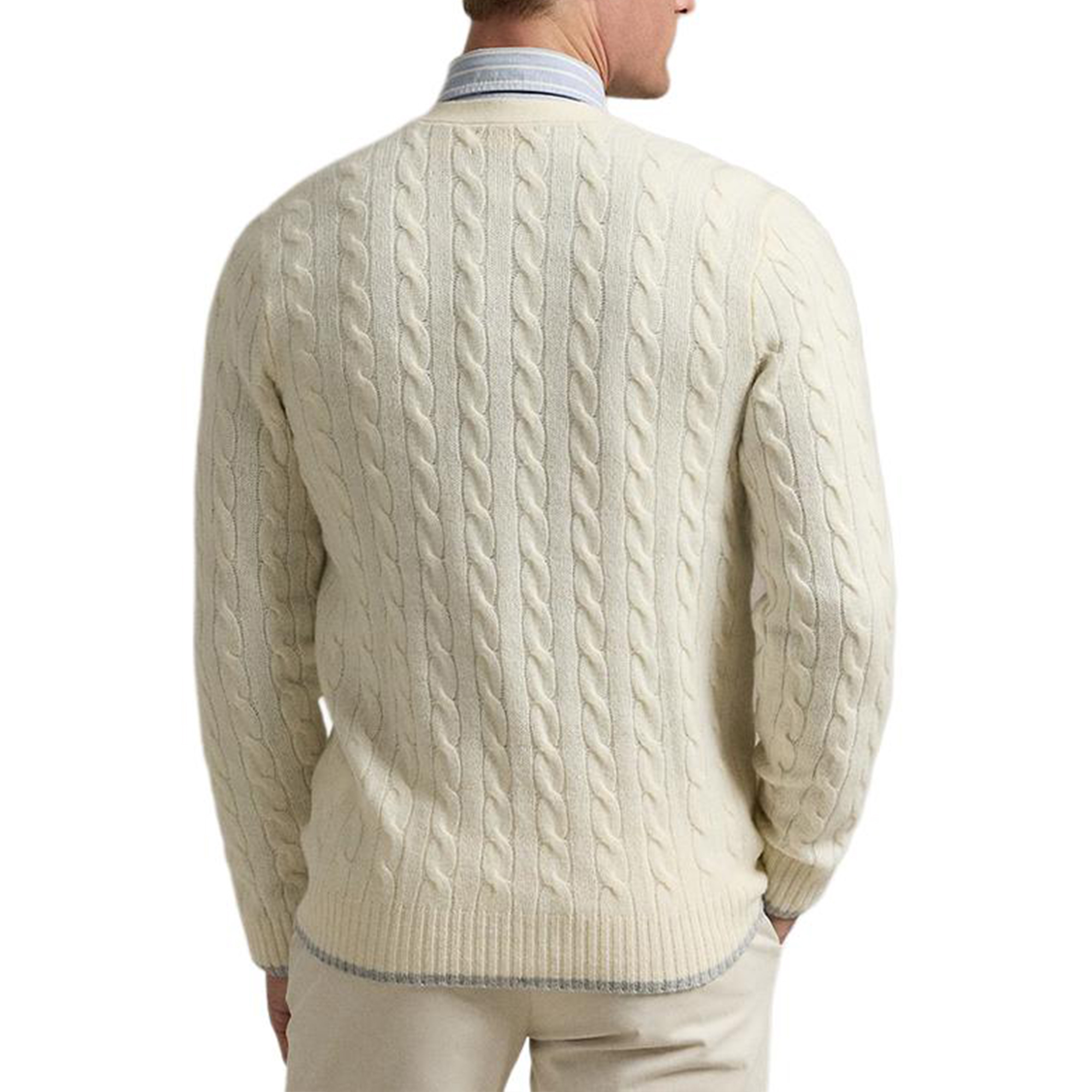 Shop Polo Ralph Lauren FW24 V領針織毛衣 奶油色 小馬刺繡設計 MNPOSWE16822052-101