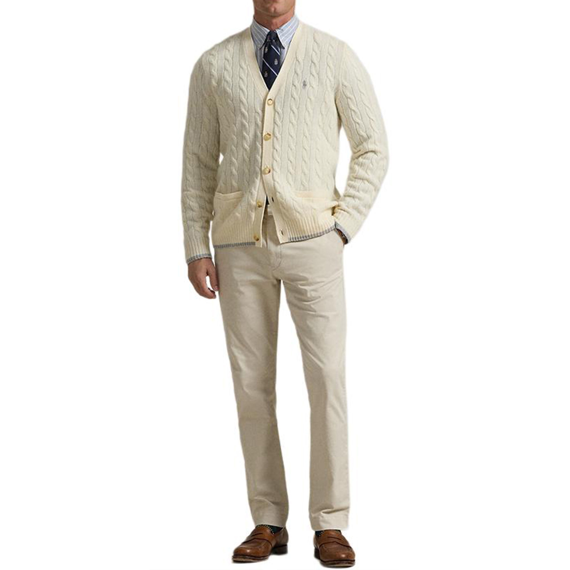 Purchase Polo Ralph Lauren FW24 V領針織毛衣 奶油色 小馬刺繡設計 MNPOSWE16822052-101