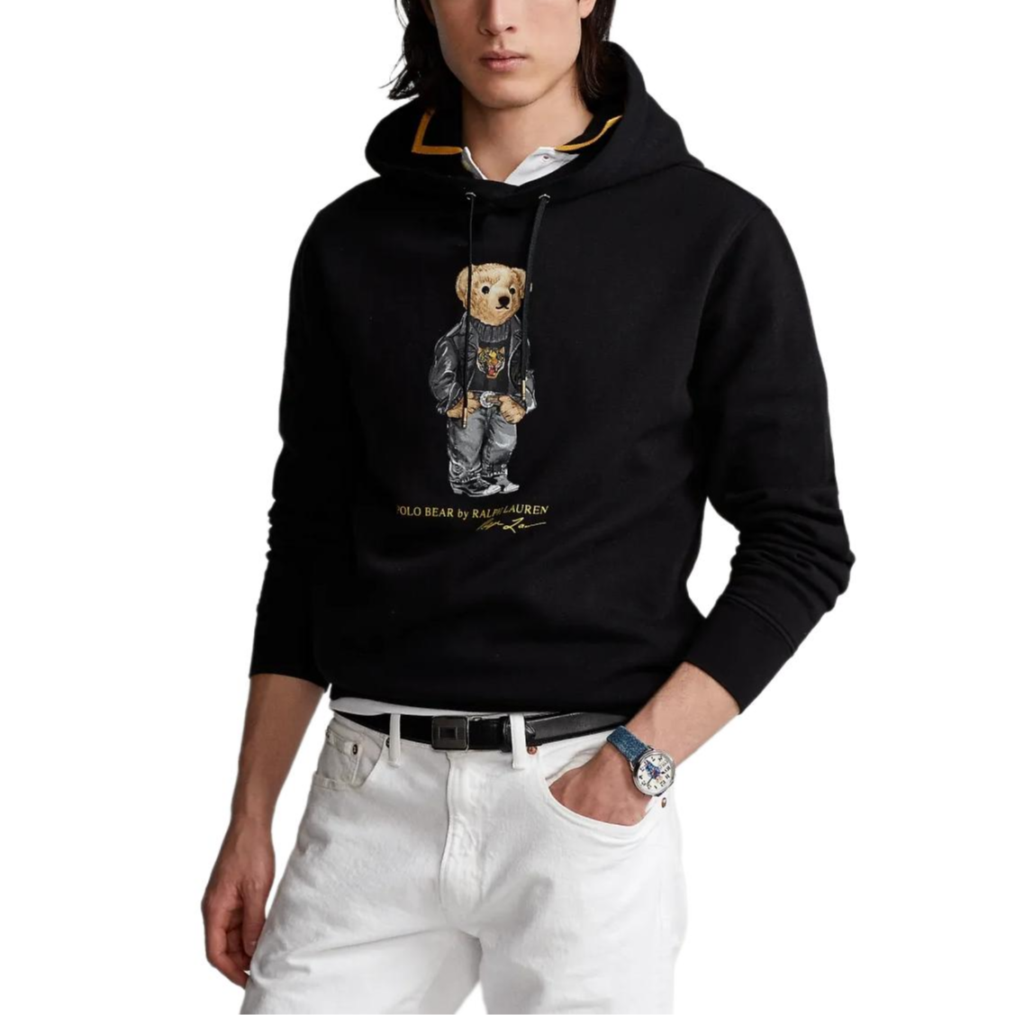 Shop Polo Ralph Lauren FW24 Hoodie Hitam Beruang Grafik dengan Fleece Lining MNPOKNI16821811