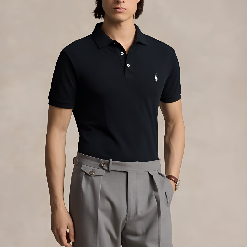 Shop Polo Ralph Lauren FW24 經典刺繡標誌修身版型黑色Polo衫 MNPOKNI1N822990-001