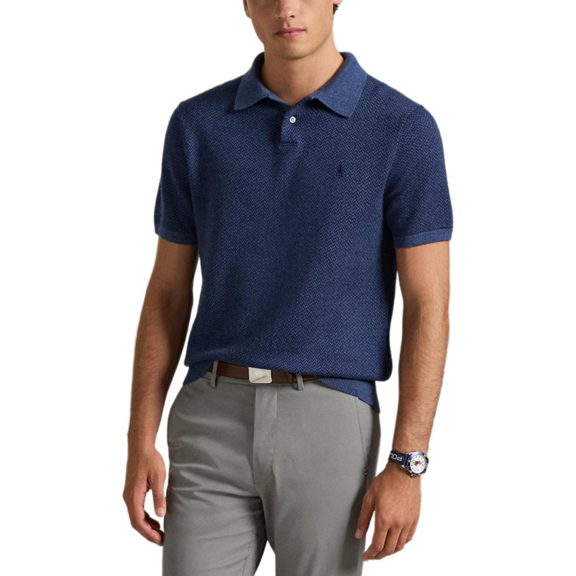 Shop Polo Ralph Lauren FW24 刺繡標徽短袖針織T恤 男款 海軍藍 MNPGSWE1CM20023-400